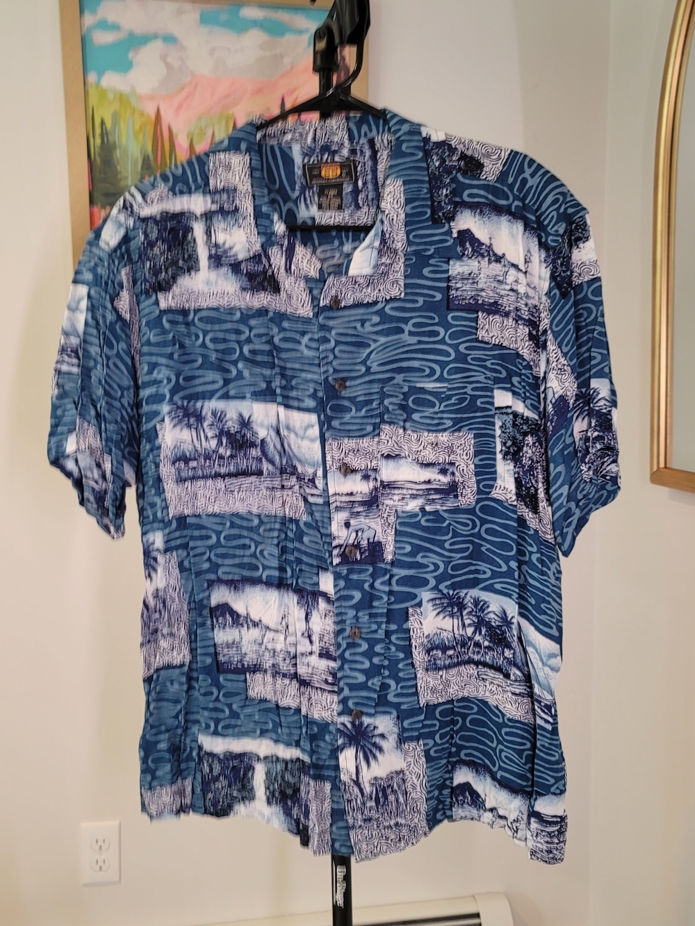 ROUTE 66 Rayon Hawaiian Shirt Tropical Patchwork Boat Blue Men's Size XL